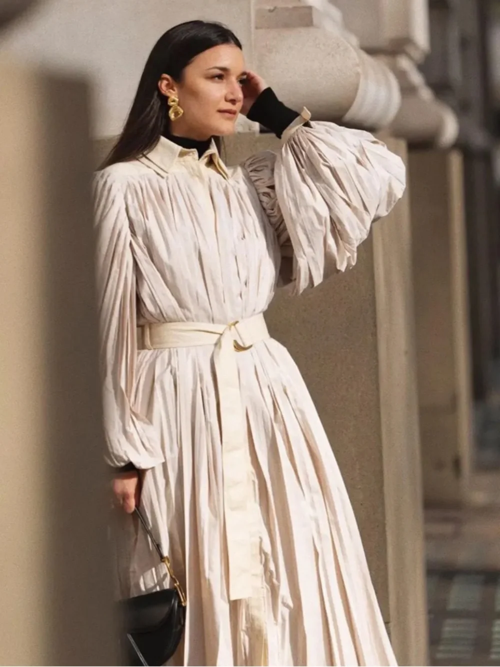 Aje Prima Pleated Long Sleeve Midi Dress in Light Beige - Picture 4 of 6